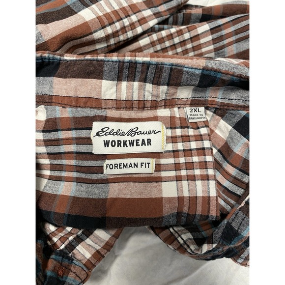 Eddie Bauer Workwear Foreman Fit 2XL Plaid Short Sleeve Shirt Brown Distressed - Picture 3 of 12